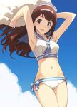  1girl :d armpits arms_up bare_shoulders beret between_breasts bikini bikini_bottom blue_bow blue_sky blush bow breasts brown_eyes brown_hair character_request clouds collarbone cowboy_shot crop_top day hairband hat highres holding idolmaster idolmaster_million_live! legs_together looking_at_viewer midriff narumi_nanami navel neckerchief open_mouth sailor_collar sailor_swimsuit_(idolmaster) shirt side-tie_bikini sky sleeveless sleeveless_shirt smile solo stomach swimsuit tanaka_kotoha thighs white_bikini white_hat white_shirt 