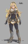  1girl armor armored_boots blonde_hair blue_eyes bodysuit boots breastplate cape character_name commentary covered_navel full_body gauntlets hairband hushabye league_of_legends long_hair looking_at_viewer luxanna_crownguard miniskirt scarf skirt smile solo 