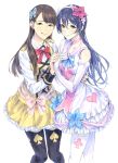 2girls black_eyes blue_hair brown_eyes brown_hair butterfly_hair_ornament chilhoo88 clubs elbow_gloves flower gloves hair_flower hair_ornament hairband heart highres holding_hands long_hair looking_at_viewer love_live!_school_idol_project mimori_suzuko multiple_girls real_life ribbon seiyuu seiyuu_connection smile sonoda_umi spade sunny_day_song thigh-highs 