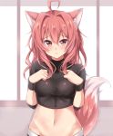  1girl :o ahoge animal_ears belt belt_buckle black_legwear black_shirt blush buckle cowboy_shot fox_ears fox_tail grey_background hair_intakes hands_on_own_chest impossible_clothes impossible_shirt jiino long_hair looking_at_viewer midriff mole mole_under_eye navel open_mouth original red_eyes redhead shirt short_shorts shorts smile solo standing stomach tail wristband 
