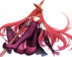  1girl :d bodysuit fate/grand_order fate_(series) full_body gae_bolg gradient_hair hair_between_eyes head_tilt holding holding_weapon legs_up lips long_hair multicolored_hair nero_(nilu) open_mouth pink_hair polearm red_eyes redhead scathach_(fate/grand_order) shoulder_pads simple_background sitting skin_tight smile solo spear spread_legs toes very_long_hair weapon white_background 