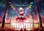  1girl ascot blonde_hair bow crystal faceless fence flandre_scarlet from_behind hat hat_bow hat_ribbon matsutani meteor_shower mob_cap pillar puffy_short_sleeves puffy_sleeves ribbon short_sleeves side_ponytail sky solo star_(sky) starry_sky touhou twilight white_legwear wings 