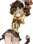  1girl animal_ears arms_up ass_visible_through_thighs blush braid claw_(weapon) claws collar granblue_fantasy long_hair looking_at_viewer miniskirt red_eyes robo8 sen_(granblue_fantasy) short_hair silver_hair simple_background skirt solo upskirt weapon white_background 