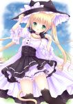  1girl animal_ears black_legwear blonde_hair cape cat_ears cat_tail dress fang hat large_hat long_hair looking_at_viewer mizuse_ruka open_mouth original paw_pose solo tail thigh-highs twintails 