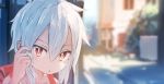  1girl adjusting_hair backpack bag blurry child depth_of_field inami_hatoko looking_at_viewer open_mouth original outdoors portrait randoseru red_eyes road silver_hair solo street 