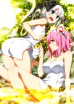  2girls :o arm_at_side ass assisted_exposure bare_arms bare_legs bare_shoulders bathing black_ribbon blush breasts collarbone floating frown ghost hair_ribbon hairband highres hitodama knee_up kneeling konpaku_youmu konpaku_youmu_(ghost) large_breasts leaning_forward lifted_by_another multiple_girls naked_towel onsen open_mouth partially_submerged peeking pink_eyes pink_hair profile ribbon rock saigyouji_yuyuko sazanami_mio short_hair silver_hair sitting steam tears thighs touhou towel towel_lift triangular_headpiece water wavy_mouth yuri 