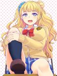  1girl asymmetrical_hair blonde_hair blue_eyes blush breasts cardigan earrings galko highres inanaki_shiki jewelry large_breasts leg_up long_hair looking_at_viewer one_side_up open_mouth oshiete!_galko-chan polka_dot polka_dot_background school_uniform scrunchie side_bun sitting skirt smile solo sweater 