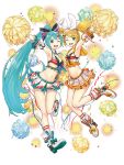  2girls ;d alternate_hairstyle aqua_eyes aqua_hair armpits artist_request bangs blonde_hair blue_eyes boots bow breasts cheerleader cleavage collarbone confetti crop_top detached_collar detached_sleeves frilled_shirt frills full_body hair_bow hair_ribbon hatsune_miku high_heels high_ponytail highres kagamine_rin long_hair midriff miniskirt multiple_girls navel necktie one_eye_closed open_mouth outstretched_arm pleated_skirt pom_poms ponytail ribbon shirt short_necktie skirt smile socks sparkle swept_bangs thigh_gap twintails very_long_hair vocaloid white_background wrist_cuffs 