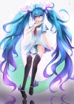 1girl absurdly_long_hair absurdres aqua_hair blue_eyes dress finger_to_mouth full_body hatsune_miku highres long_hair no_panties qingye_ling sailor_dress short_dress smile solo thigh-highs twintails very_long_hair vocaloid 