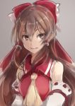  1girl :d bare_shoulders bow brown_eyes brown_hair collared_vest detached_sleeves grey_background hair_between_eyes hair_bow hair_tubes hakurei_reimu long_hair opanchu_(pixiv259683) open_mouth red_bow red_vest ribbon-trimmed_sleeves ribbon_trim sidelocks simple_background smile solo touhou upper_body very_long_hair 