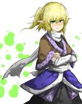  1girl arm_support blonde_hair blush green_eyes japanese_clothes kan_(aaaaari35) mizuhashi_parsee pointy_ears ponytail scarf solo touhou 