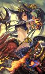  1girl armlet armpits axe bangs bikini_top black_hair breasts closed_mouth clouds coin_(ornament) creature dragon dragon_girl dragon_horns dragon_tail eyelashes fingernails fire fur_trim gem holding holding_weapon horns jewelry kazto_furuya long_fingernails long_hair looking_at_viewer moeru!_jiten pointy_ears ponytail red_eyes riding scales skull sky slit_pupils smile solo swept_bangs tail under_boob very_long_hair weapon 