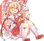  1girl ascot blonde_hair dress flandre_scarlet gloves hat hat_ribbon highres kan_lee looking_at_viewer mob_cap one_eye_closed open_mouth puffy_short_sleeves puffy_sleeves red_dress red_eyes ribbon shirt short_sleeves smile solo touhou white_gloves wings 