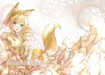  1girl animal animal_ears animal_hug aqua_eyes blonde_hair braid cover cover_page crown_braid doujin_cover dress elbow_gloves english fingerless_gloves floral_background flower flower_necklace fox fox_ears frilled_dress frills gloves hair_flower hair_ornament jewelry looking_at_viewer necklace open_mouth original ribbon riolabo rose smile solo too_many too_many_frills 