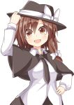  1girl aki_chimaki bow brown_eyes brown_hair cape hair_bow hand_on_headwear hand_on_hip hat hat_bow hat_ribbon necktie open_mouth ribbon shirt simple_background solo touhou usami_renko white_background white_shirt 