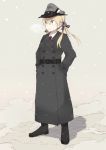  1girl alternate_costume belt blonde_hair blue_eyes boots breath full_body hair_ornament hair_ribbon hands_in_pockets hat kantai_collection looking_away looking_to_the_side low_twintails necktie open_mouth peaked_cap prinz_eugen_(kantai_collection) ribbon snowing solo souji standing trench_coat twintails 