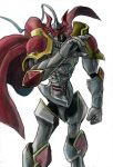  absurdres armor belt black_sclera cape clenched_hand digimon digital_hazard dukemon elbow_pads greymon_(artist) highres knee_pads knight monster multiple_belts no_humans red_cape serious shoulder_armor spikes visor yellow_eyes 