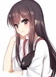  1girl akagi_(kantai_collection) armor blush brown_eyes brown_hair japanese_clothes kantai_collection lips long_hair looking_at_viewer meaomao muneate sidelocks simple_background smile solo upper_body white_background 