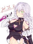  1girl assassin_of_black bandages bare_shoulders belt blackwatchar breasts cleavage cleavage_cutout dagger fate/grand_order fate/stay_night fate_(series) green_eyes highres long_hair navel older purple_hair scarf solo weapon 