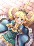  1girl armor blonde_hair blue_eyes blush charlotta_(granblue_fantasy) crown dress gauntlets granblue_fantasy kyamu_(qqea92z9n) long_hair looking_at_viewer looking_up open_mouth pointy_ears solo 