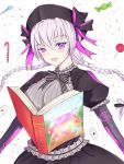  1girl blackwatchar book braid breasts candy fate/extra fate/stay_night fate_(series) highres large_breasts long_hair looking_at_viewer nursery_rhyme_(fate/extra) older pink_hair smile solo twin_braids violet_eyes 