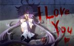  1girl against_wall blood blood_writing bloody_knife bloody_weapon claws elbow_gloves english g_(desukingu) gloves hair_over_one_eye hatchet highres long_hair low_twintails monster_girl oriental_hatchet original pointy_hair purple_gloves purple_hair shirt shorts sleeveless sleeveless_shirt smile solo twintails very_long_hair violet_eyes weapon yandere 