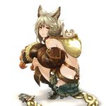  1girl animal_ears blush boots braid cat claw_(weapon) claws collar full_body granblue_fantasy hood long_hair looking_at_viewer miniskirt orange_eyes robo8 sen_(granblue_fantasy) silver_hair simple_background skirt slit_pupils smile solo squatting weapon white_background 