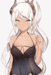  1girl arm_at_side bare_arms bare_shoulders blush breasts camisole cleavage closed_mouth dark_skin demon_girl demon_horns expressionless eyebrows eyebrows_visible_through_hair horns long_hair looking_at_viewer lp_(hamasa00) original ponytail silver_hair sleeveless solo upper_body yellow_eyes 