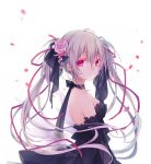  1girl bare_shoulders black_dress breasts choker detached_sleeves dress flower frilled_dress frills from_side grey_hair hair_between_eyes hair_flower hair_ornament hair_ribbon highres kuroi_(liar-player) long_hair looking_at_viewer medium_breasts original petals red_eyes ribbon ribbon_choker see-through simple_background solo twintails upper_body white_background 
