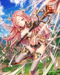  1girl boots breasts choker cleavage clouds fantasy flying gabiran gloves long_hair miniskirt navel official_art one_eye_closed parted_lips pink_eyes pink_hair polearm side_slit skirt sky smile solo spaulders swinging tenkuu_no_crystalia thigh-highs thigh_boots weapon 