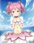  1girl blush bow clouds gloves hair_bow highres kaname_madoka looking_at_viewer magical_girl mahou_shoujo_madoka_magica nedia_r ocean pink_eyes pink_hair short_hair sky smile solo twintails white_gloves 