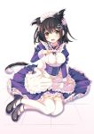  1girl alternate_costume animal_ears apron black_hair black_shoes blush bow breasts brown_eyes cat_ears cat_tail dress frills full_body haguro_(kantai_collection) hair_bow hair_ornament kantai_collection kemonomimi_mode long_sleeves looking_at_viewer maid_headdress on_floor open_mouth over-kneehighs purple_dress shoes short_hair simple_background solo sumisuzu tail thigh-highs tile_floor tiles waist_apron white_apron white_background white_legwear 