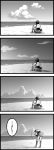  1girl 4koma beach choufu_shimin clouds cloudy_sky comic dusk greyscale highres horizon hyuuga_(kantai_collection) japanese_clothes kantai_collection monochrome ocean short_hair sitting sky solo sunrise translated undershirt 