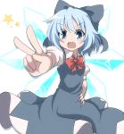 1girl blue_bow blue_dress blue_eyes blue_hair blush bow bowtie cirno collared_shirt cowboy_shot crystal do_(4-rt) dress eyelashes fang foreshortening hair_bow hand_gesture hand_on_hip highres ice ice_wings jumper outstretched_arm puffy_short_sleeves puffy_sleeves red_bow red_bowtie shirt short_sleeves solo star tareme tooth touhou v white_shirt wing_collar wings 