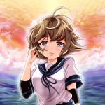  1girl :d ahoge bandaid bandaid_on_face bangs blush clouds elbow_pads grey_eyes hand_in_hair kantai_collection lens_flare looking_at_viewer oboro_(kantai_collection) ocean open_mouth remodel_(kantai_collection) school_uniform serafuku short_hair sky smile solo sparkle tk8d32 upper_body 