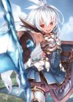  1girl :d blue_sky brown_gloves clouds dark_skin foreshortening gloves granblue_fantasy hibanar long_hair open_mouth outdoors red_eyes shield signature skirt sky smile solo standing sword the_order_grande thigh-highs water weapon white_hair white_legwear 