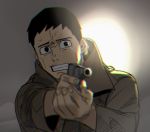  1boy black_hair boku_no_hero_academia chromatic_aberration crying crying_with_eyes_open grey_background gun male_focus pointing psychobusu short_hair simple_background solo tears trench_coat tsukauchi_naomasa weapon 