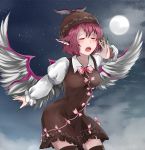  1girl :o blush bow bowtie breasts brown_dress brown_hat brown_legwear closed_eyes clouds collarbone cowboy_shot dress earrings fingernails frilled_dress frilled_sleeves frills full_moon green_nails grey_wings hat head_wings highres jewelry long_fingernails long_sleeves moon moonlight mystia_lorelei nail_polish night night_sky open_mouth pan-ooh pink_bow pink_bowtie puffy_long_sleeves puffy_sleeves redhead short_dress short_hair singing sky solo star_(sky) starry_sky thigh-highs touhou very_long_fingernails wings zettai_ryouiki 