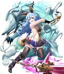  &gt;:d 1girl :d animal_ears black_gloves black_legwear blue_hair boots breasts cat_ears dog dress ferry_(granblue_fantasy) full_body ghost gloves granblue_fantasy high_heel_boots high_heels holding jewelry leg_up long_hair marusan open_mouth pale_skin sideboob simple_background single_earring smile solo thigh-highs white_background yellow_eyes zettai_ryouiki 