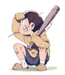  1boy bandages bandaid bandaid_on_knee baseball_bat candy eating highres hood hoodie huni0617 lollipop male_focus matsuno_juushimatsu osomatsu-kun osomatsu-san shorts sleeves_past_wrists solo squatting sweatshirt twitter_username white_background 