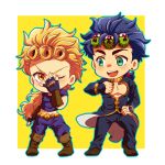 blonde_hair blue_hair boots brown_boots chibi cosplay costume_switch earrings fingerless_gloves giorno_giovanna giorno_giovanna_(cosplay) gloves green_eyes hair_ornament hairclip jewelry jojo_no_kimyou_na_bouken jojo_pose jonathan_joestar jonathan_joestar_(cosplay) koma_saburou ladybug long_hair open_mouth outline pose round_teeth smile teeth yellow_eyes 