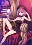  1girl armpits barefoot black_legwear book dress fate/grand_order fate_(series) flat_chest hat helena_blavatsky_(fate/grand_order) indoors looking_at_viewer matsuryuu purple_hair reading smile solo strapless strapless_dress violet_eyes 
