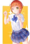  1girl ;3 bow bowtie hands_raised highres hoshizora_rin love_live!_school_idol_project one_eye_closed orange_hair oretsuu paw_pose pleated_skirt school_uniform short_hair skirt solo sparkle winking yellow_eyes 