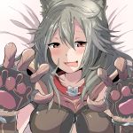  1girl animal_ears blush cat_ears cat_paws claw_pose claws granblue_fantasy grey_hair highres kuromu_(underporno) looking_at_viewer lying on_back open_mouth paws red_eyes sen_(granblue_fantasy) smile solo tongue tongue_out 