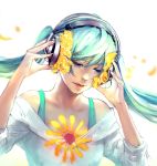  1girl aqua_hair arms_up artist_name bare_shoulders blue_shirt close-up closed_eyes closed_mouth collarbone commentary face floating_hair flower hair_flower hair_ornament hands_on_headphones hatsune_miku headphones lips long_hair long_sleeves motion_blur off-shoulder_shirt petals shirt smile solo twintails upper_body vocaloid wenqing_yan wind 