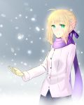  1girl ahoge blonde_hair blue_skirt fate/stay_night fate_(series) green_eyes highres purple_scarf saber scarf skirt snowflakes solo wonton 