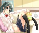  1girl bag_of_chips black_legwear black_skirt brown_eyes commentary_request couch eating food_in_mouth grey_hair hair_ribbon hino_(2nd_life) kantai_collection kneehighs knees_up long_sleeves navel no_shoes panties pleated_skirt ribbon school_uniform side-tie_panties sitting skirt skirt_down solo translated twintails unbuttoned underwear white_panties zuikaku_(kantai_collection) 