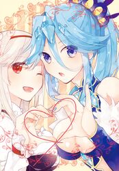  2girls :o ;d anna_(sennen_sensou_aigis) asymmetrical_docking bad_anatomy bangs bare_shoulders blue_eyes blue_hair blue_nails breast_press breasts cleavage detached_sleeves ear_studs earrings eliza_(sennen_sensou_aigis) eyes_visible_through_hair fingernails flipped_hair frills from_side fur_trim gem glint hair_between_eyes hair_ornament hairband happy heart heart_hands heart_hands_duo high_ponytail jewelry karomura large_breasts long_fingernails long_ponytail looking_at_viewer multiple_girls nail_polish one_eye_closed open_mouth parted_bangs pinky_out ponytail red_eyes sapphire_(stone) sennen_sensou_aigis sidelocks sleeves_past_wrists smile surprised turtleneck upper_body white_hair 