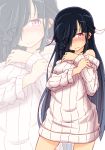  1girl alternate_costume bare_shoulders black_hair blush cowboy_shot hair_over_one_eye hair_ribbon hands_on_own_chest hayashimo_(kantai_collection) kantai_collection long_hair looking_at_another purple_hair ribbed_sweater ribbon ru2n131 solo sweat sweater wavy_mouth zoom_layer 