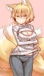 1girl =3 alternate_costume animal_ears blonde_hair blush breast_hold breasts cleavage clothes_lift commentary_request contemporary cowboy_shot fox_ears fox_tail large_breasts long_sleeves looking_at_viewer multiple_tails open-chest_sweater pink_background short_hair smile solo sweater sweater_lift tail tamahana thermal_underwear touhou yakumo_ran yellow_eyes 